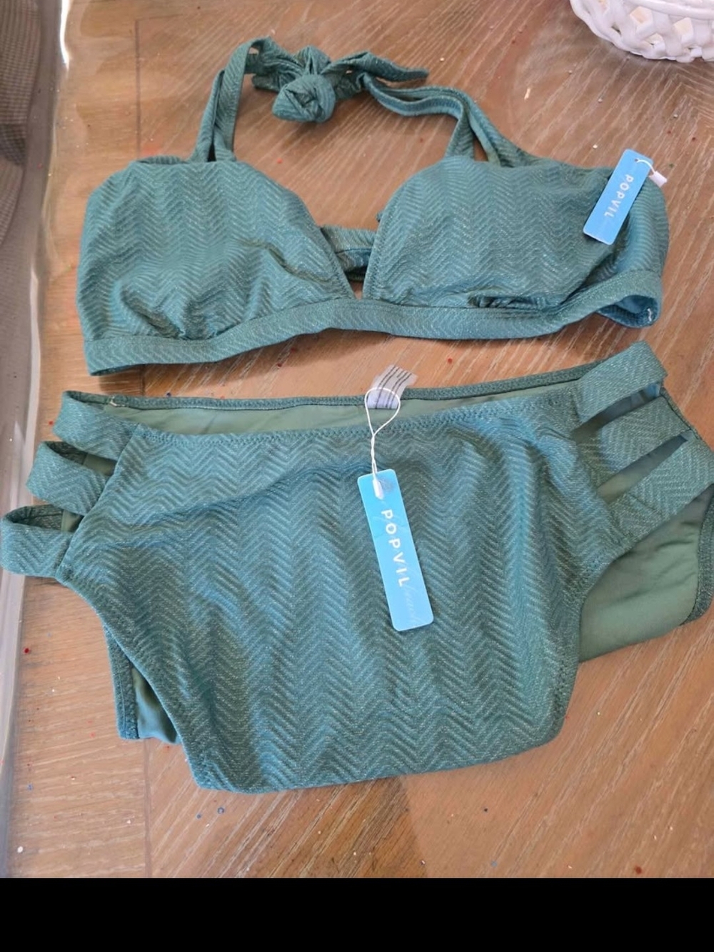 Popvil Olive Textured Halter Bikini Set